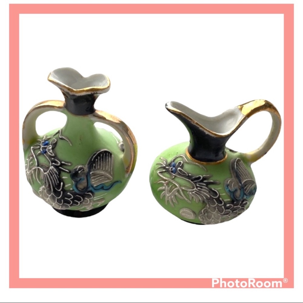 Vintage Miniature Japanese Moriage Dragonware Pitcher & Vase with Raised Dragon